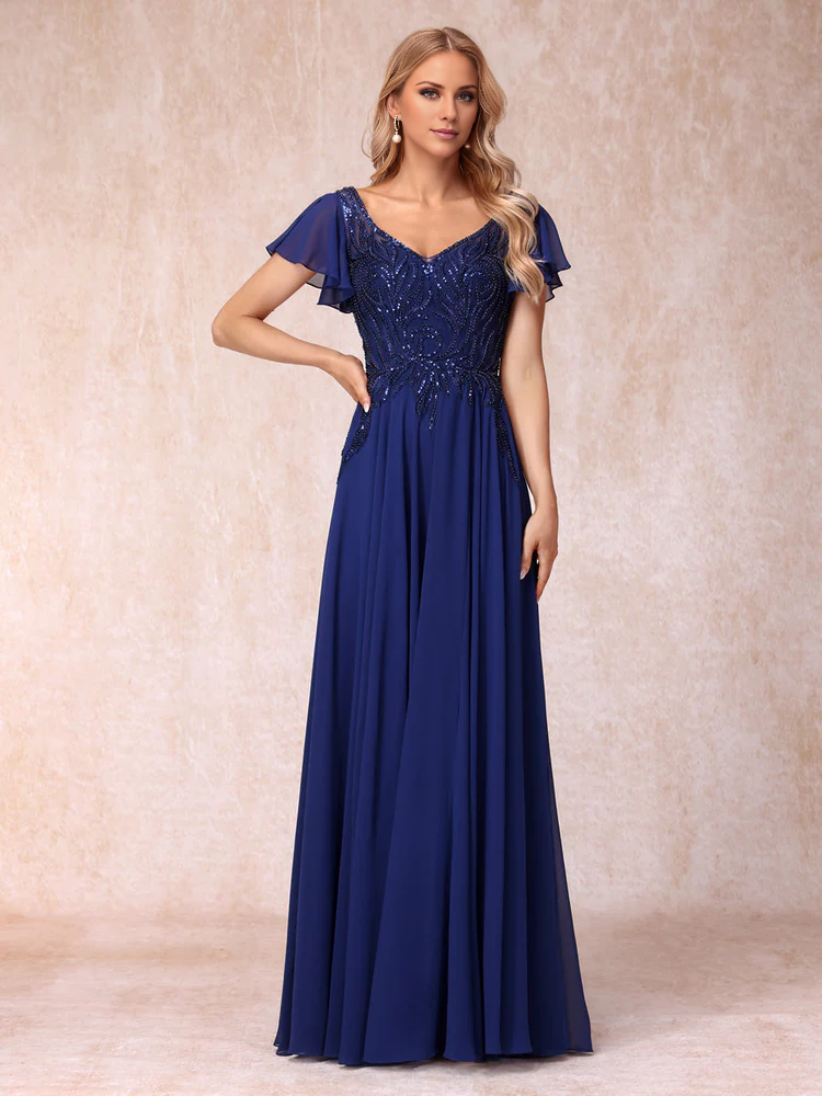Dark Navy Beaded V-Neck A-Line Chiffon Floor-Length Gown