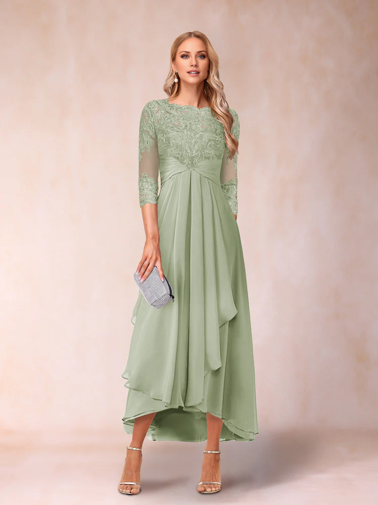 Slate Blue A-Line High-Low Evening Dress with Lace Bodice & Boat Neck