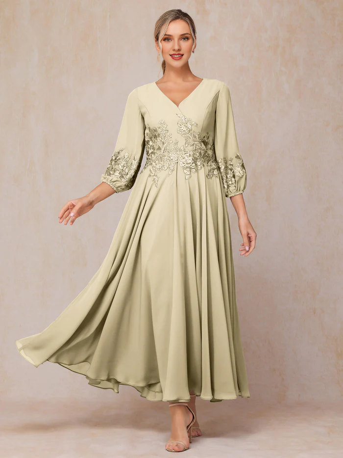 Burgundy Chiffon A-Line V-Neck Tea-Length Dress with Embroidered Bodice and Bishop Sleeves