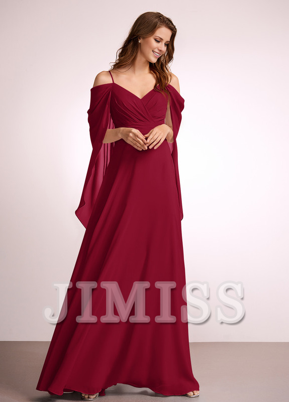 Dusty Rose Chiffon A-Line Floor-Length Bridesmaid Dress with Draped V-Neck Bodice and Off-the-Shoulder Sleeves