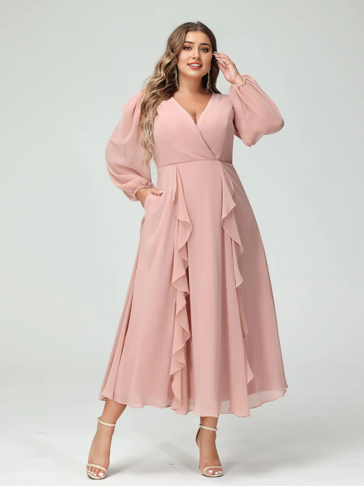 Chiffon Long-Sleeve V-Neck Ruffled Wrap Bodice High-Low A-Line Floor-Length Elegant Bridesmaid Dress