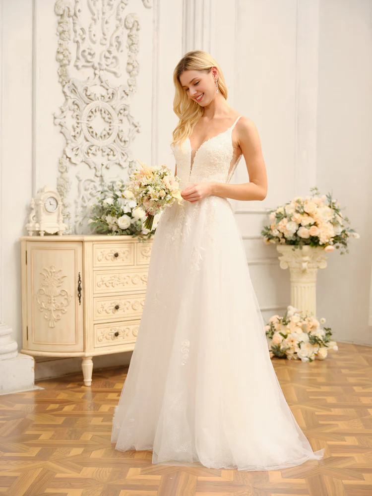 Vestido de novia largo sin mangas con tirantes finos, corte A y lentejuelas, estilo princesa