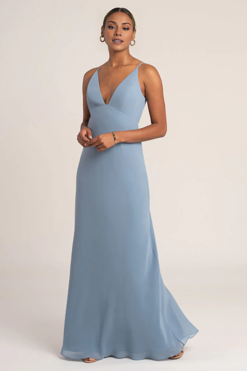 Vestido de fiesta Jimiss con escote en V profundo, hombros descubiertos, sin mangas, espalda descubierta y largo hasta el suelo