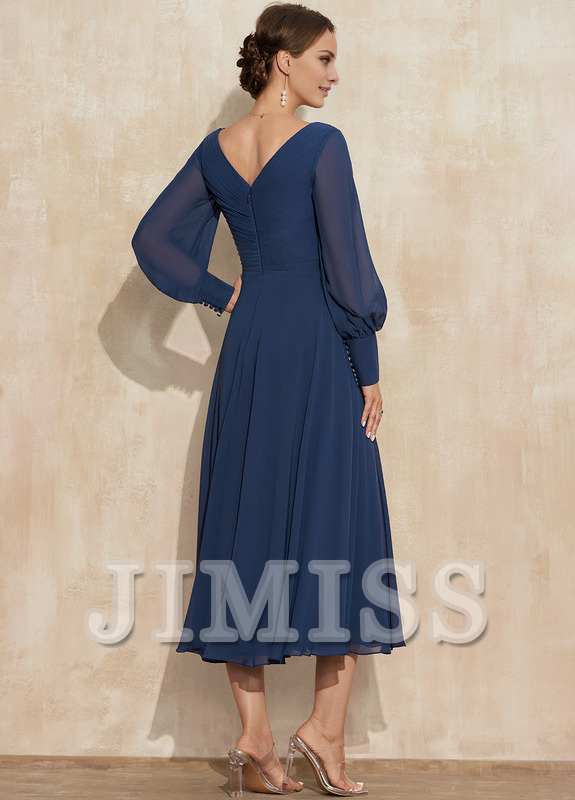 Abito da damigella d'onore in chiffon plissettato, lunghezza tè, con scollo a V e linea ad A