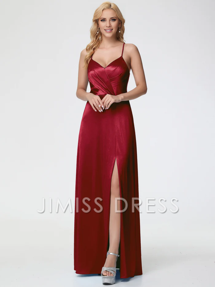 Vestido de fiesta Jimiss de satén con escote en V, tirantes finos, plisado, espalda descubierta y abertura