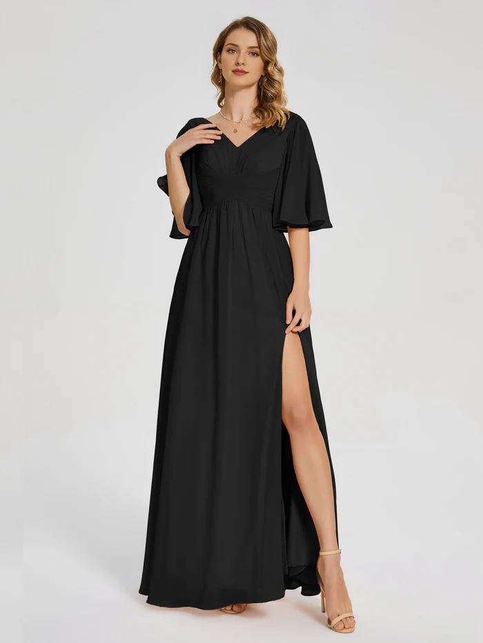 Burgundy Chiffon A-Line V-Neck Floor-Length Dress | Flutter Sleeve Bridesmaid Gown