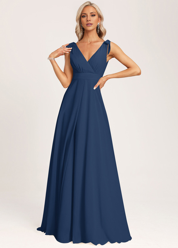 Abito da damigella d'onore lungo in chiffon con scollo a V, a trapezio e fiocco