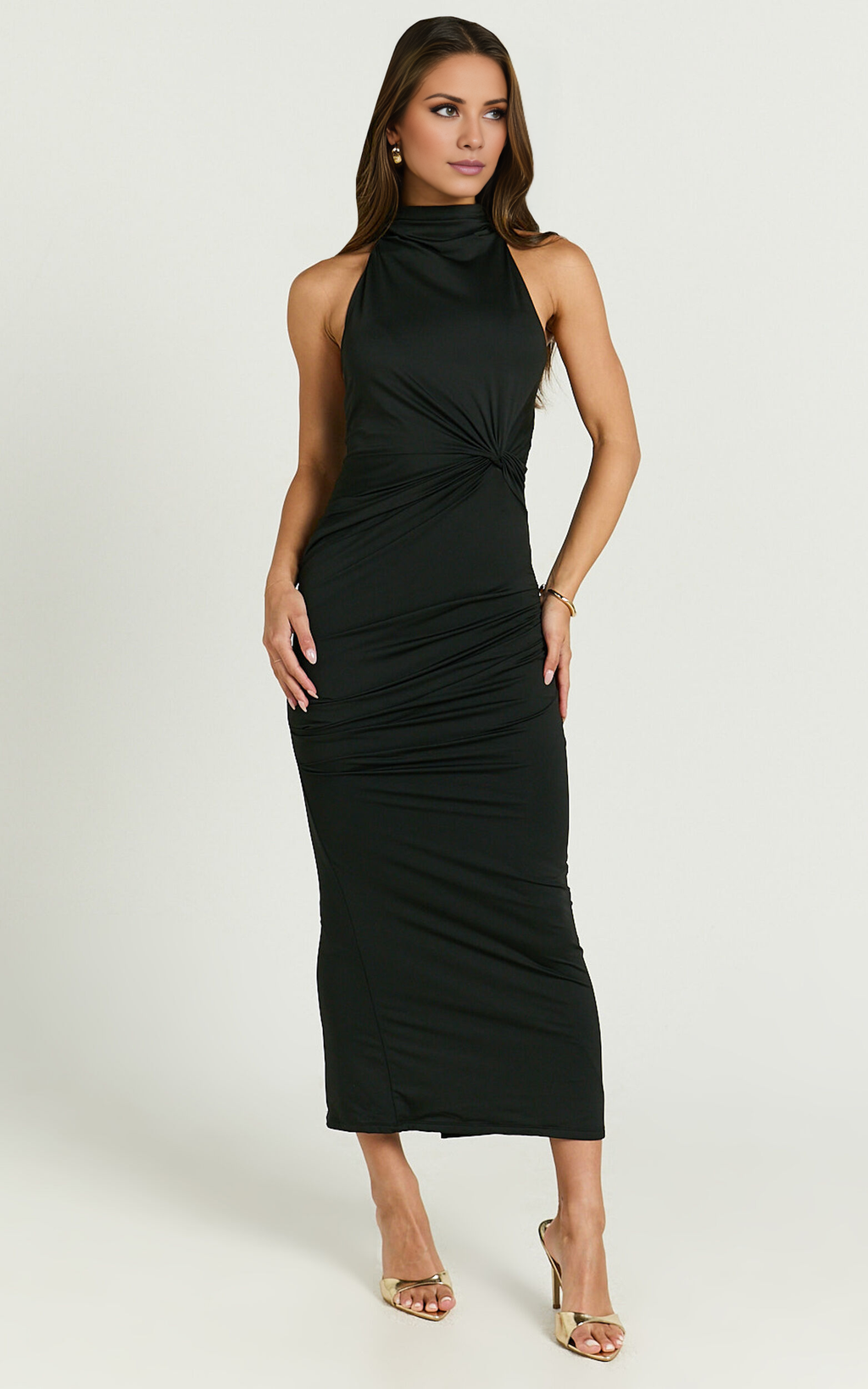 Black Halter Backless Midi Sheath/Column Evening Dress with Knot Detail
