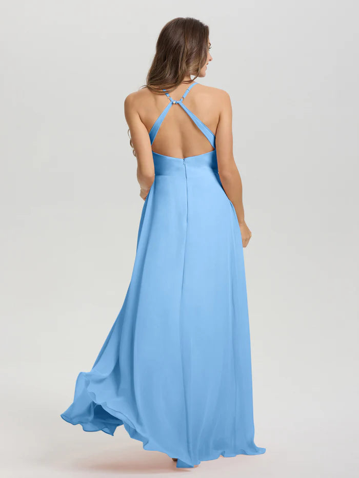 Shoulder strap V-neck backless long chiffon formal and floor length Bridesmaid dresses