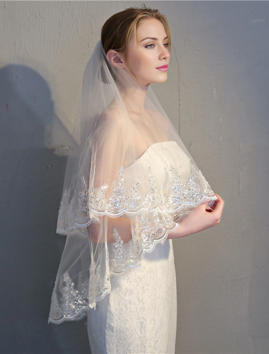 Ivory Lace Sheath/column Floor-Length Bridesmaid Dress with Sequin Veil