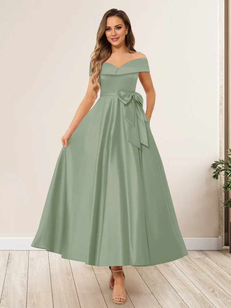 Burgundy Off-the-Shoulder A-Line Tea-Length Bridesmaid Dress