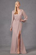 Dusty Rose Chiffon A-Line Floor-Length Evening Dress with Embroidered V-Neck & High Slit