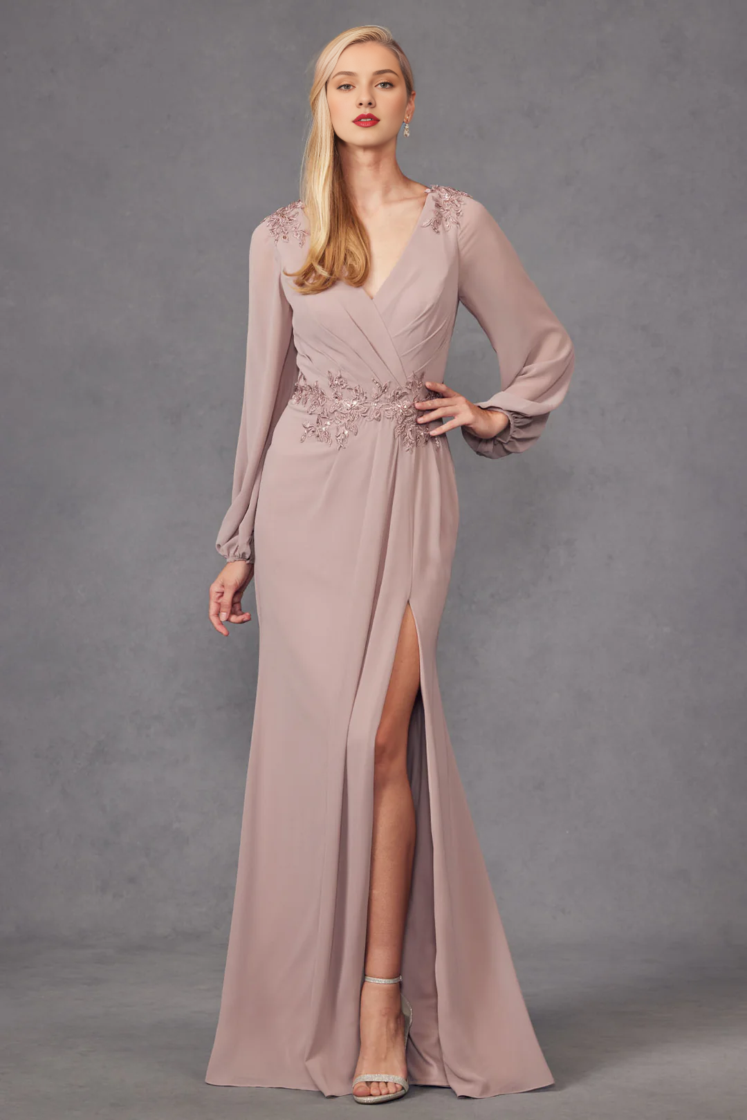 Dusty Rose Chiffon A-Line Floor-Length Evening Dress with Embroidered V-Neck & High Slit