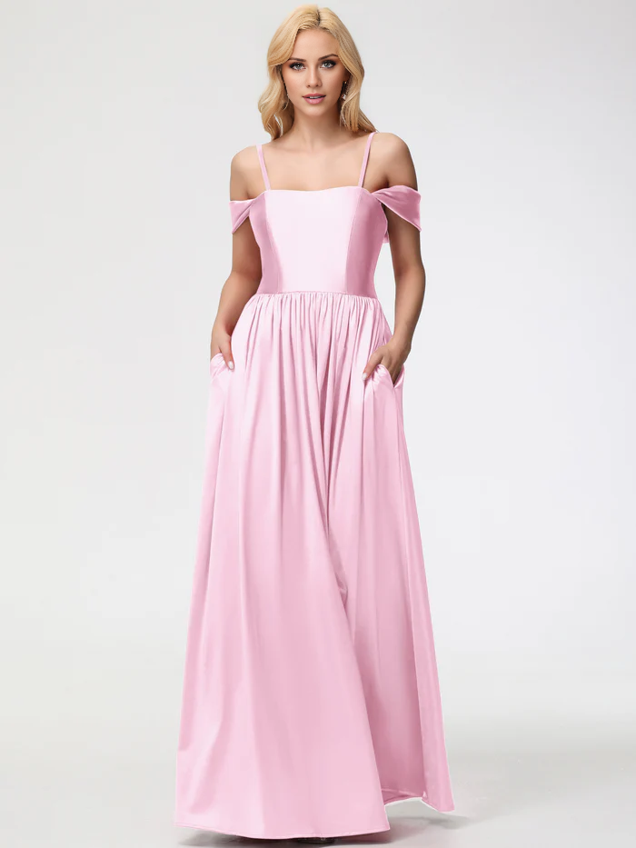 Vestido de fiesta Jimiss de satén con hombros descubiertos y largo hasta el suelo