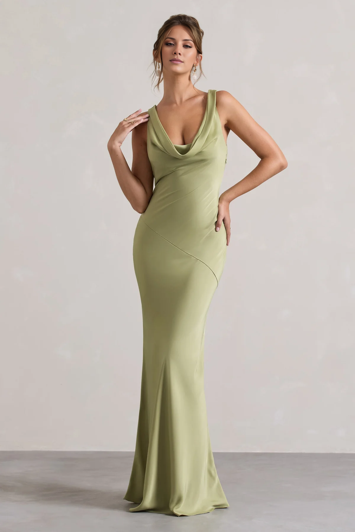 Sage Green Cowl Neck Satin Mermaid Floor-Length Dress