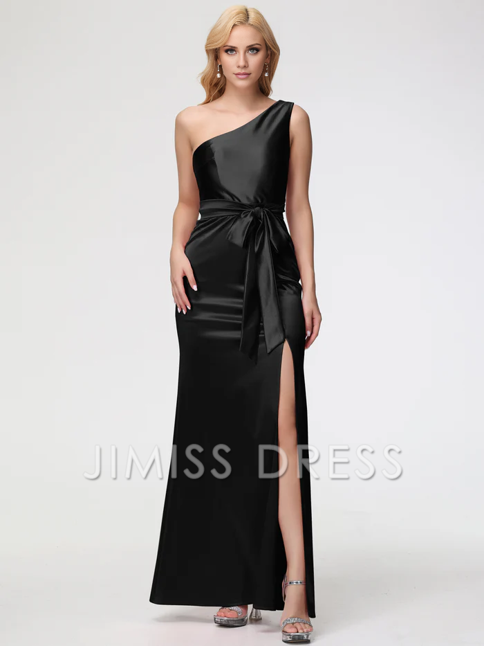 Jimiss single shoulder trumpet/mermaid sleeveless pleated satin Prom dress