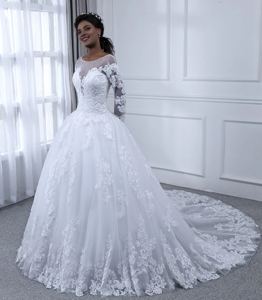 Vestido de novia de gasa de manga larga con cuello transparente y calcomanía con adorno de perlas