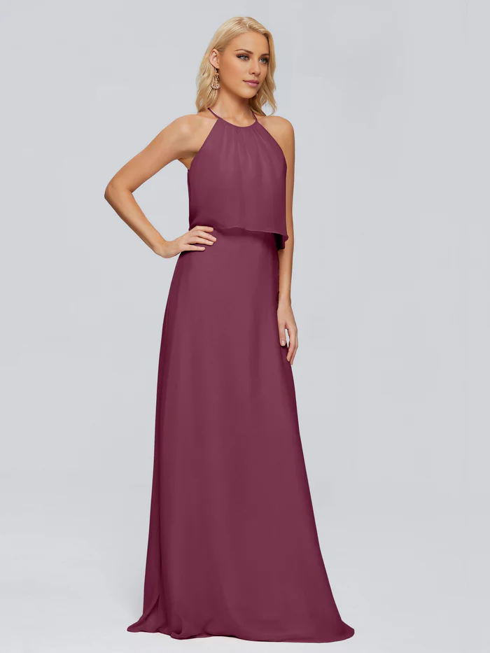 Vestido de dama de honor largo hasta el suelo en gasa con escote halter