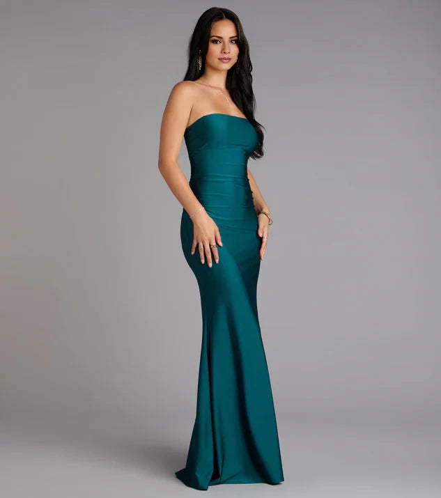 Simple Off the Shoulder Sleeveless Strapless Open Back Mermaid Satin Floor-Length Evening Dress