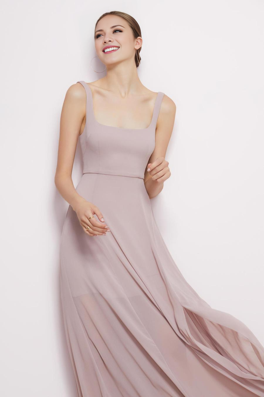 Mauve Chiffon A-Line Square Neck Floor-Length Bridesmaid Dress with Slit