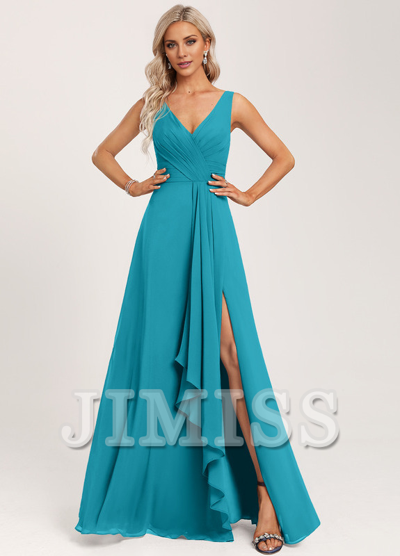 Vestido de dama de honor de gasa con volantes, escote en V y largo hasta el suelo