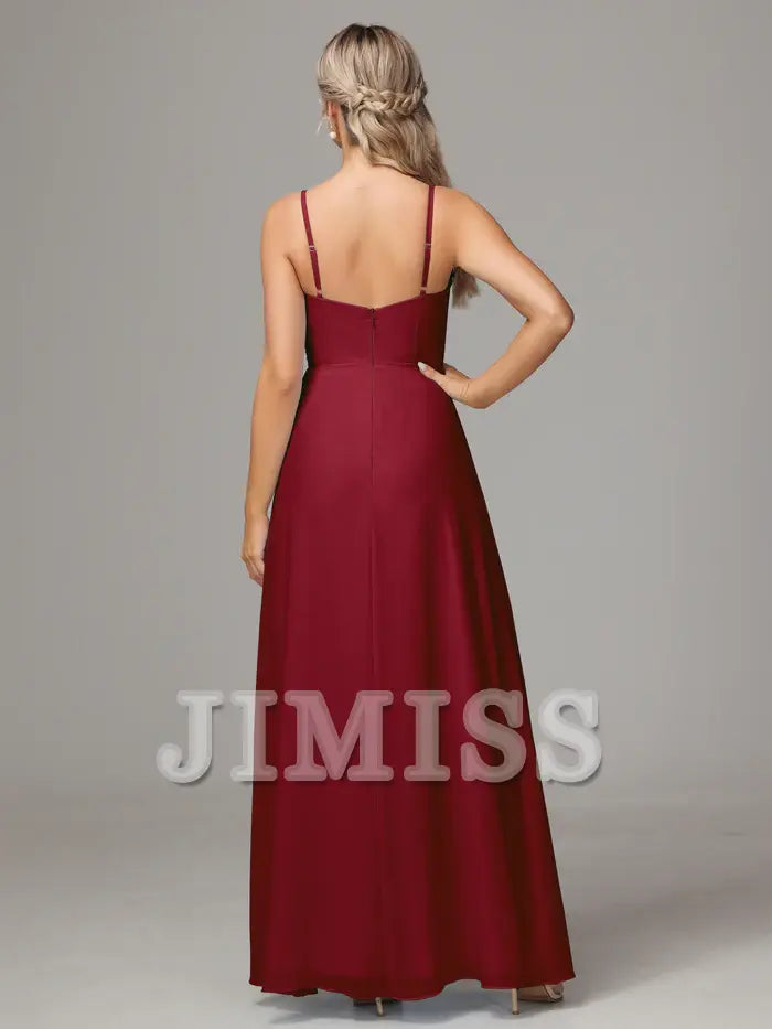 Vestido de dama de honor de gasa con escote en forma de corazón, tirantes finos y abertura lateral