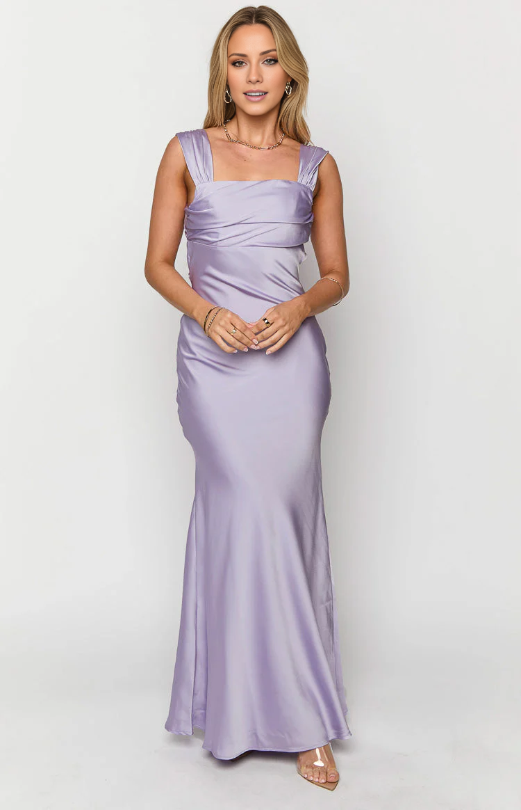 Lavender Satin Square Neck Sheath Floor-Length Dress