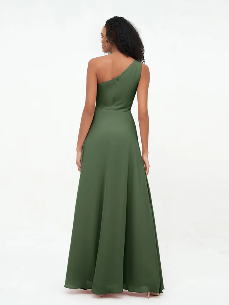 Olive Green Chiffon A-Line Floor-Length One Shoulder Dress with Draped Bodice and High Slit