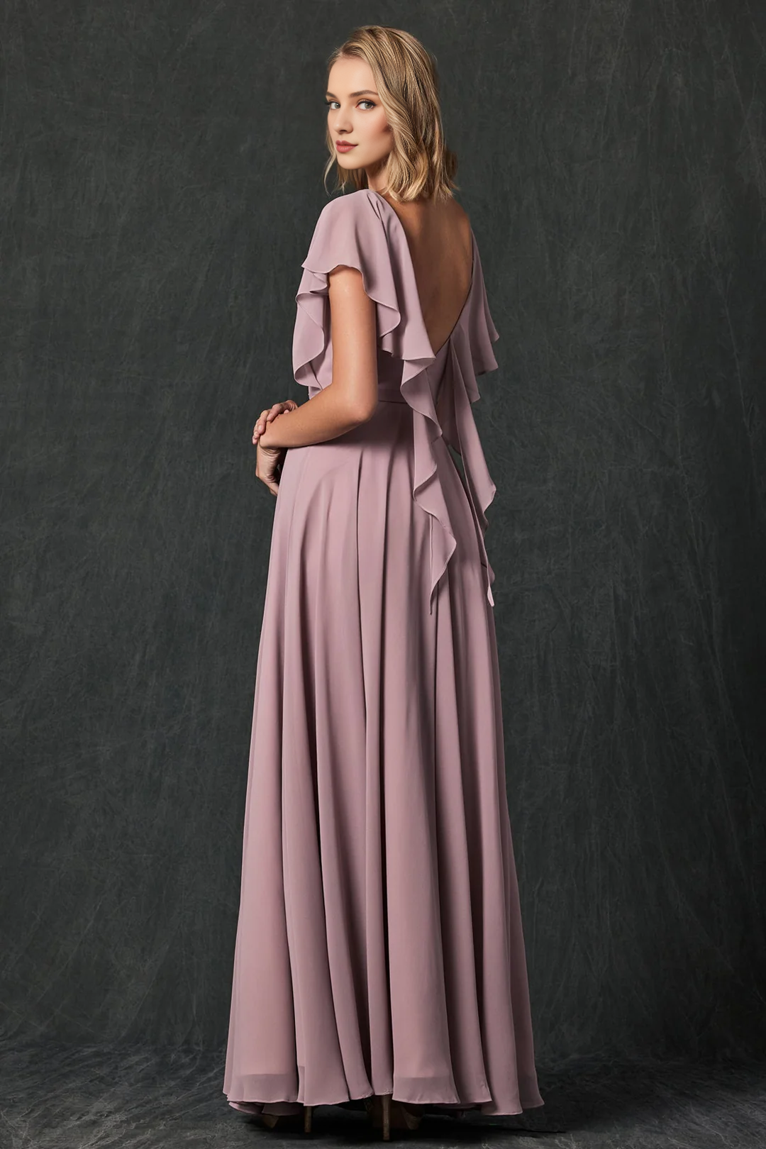 Stacked back transparent flowing sleeve chiffon dress