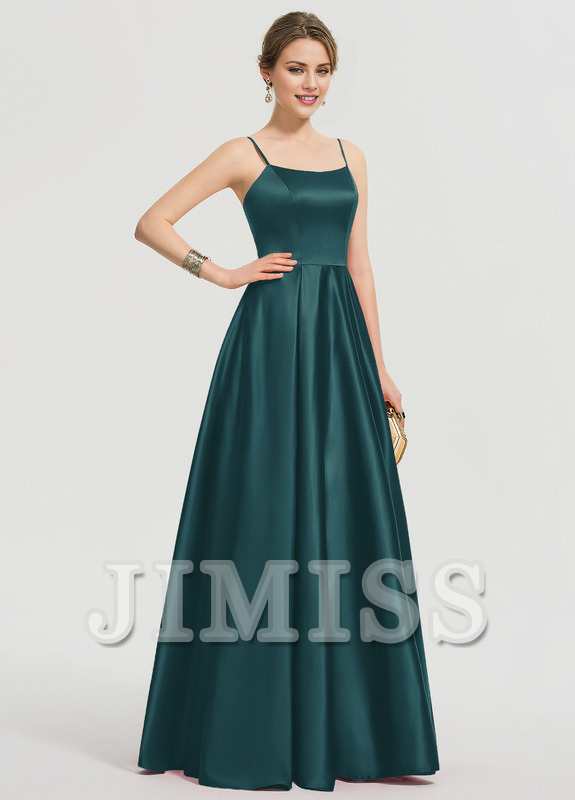 Vestido de fiesta largo hasta el suelo de satén con escote en A y corte cuadrado