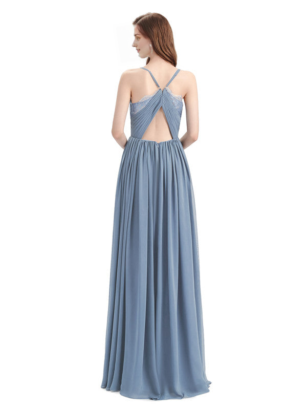 Elegantes vestidos de dama de honor de gasa con tirantes finos, corte A, escote en V y largo hasta el suelo