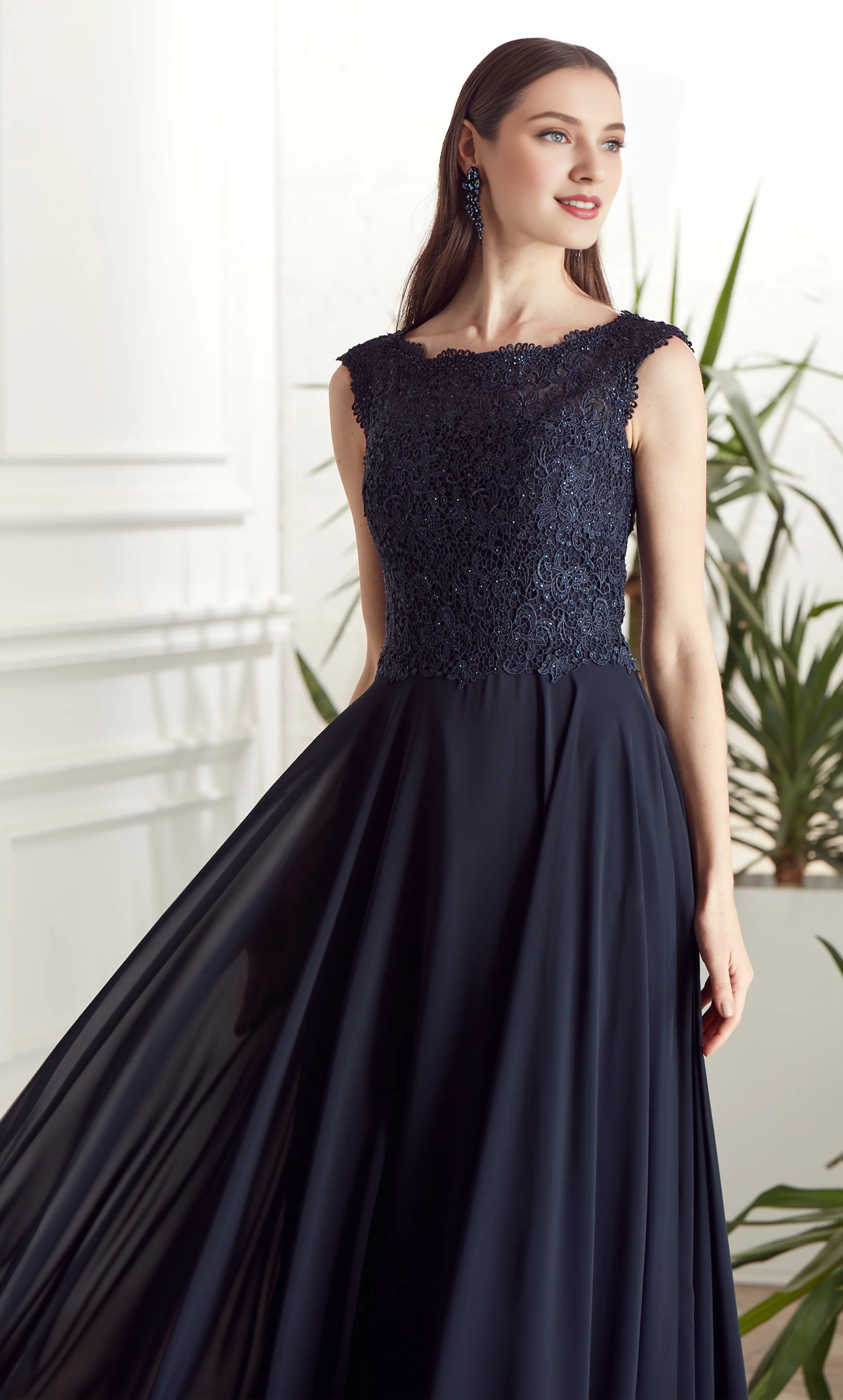 Dark Navy Chiffon A-Line Floor-Length Bridesmaid Dress with Lace Bodice