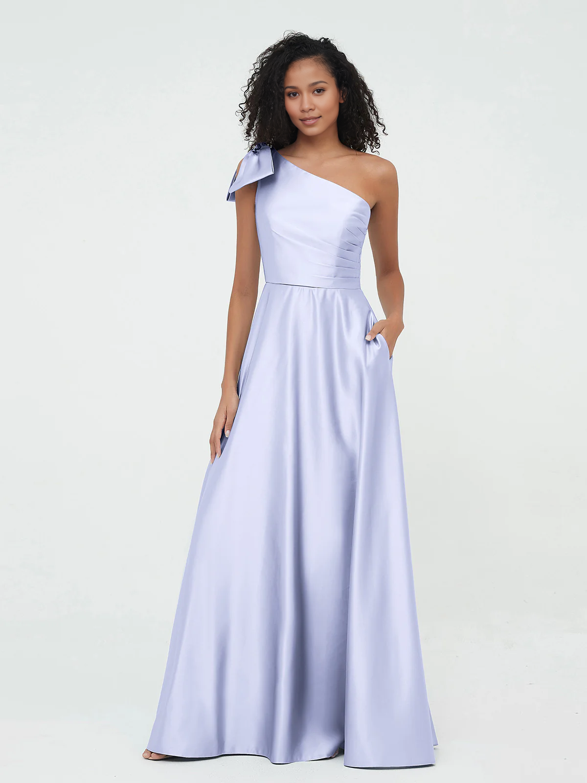 Sky Blue Satin A-Line Floor-Length One Shoulder Bridesmaid Dress