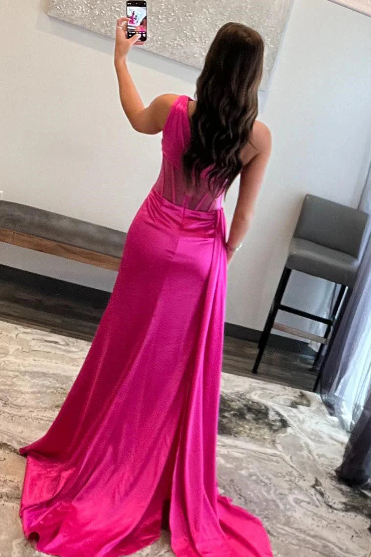 Pink Satin One Shoulder A-Line Floor-Length Evening Dress