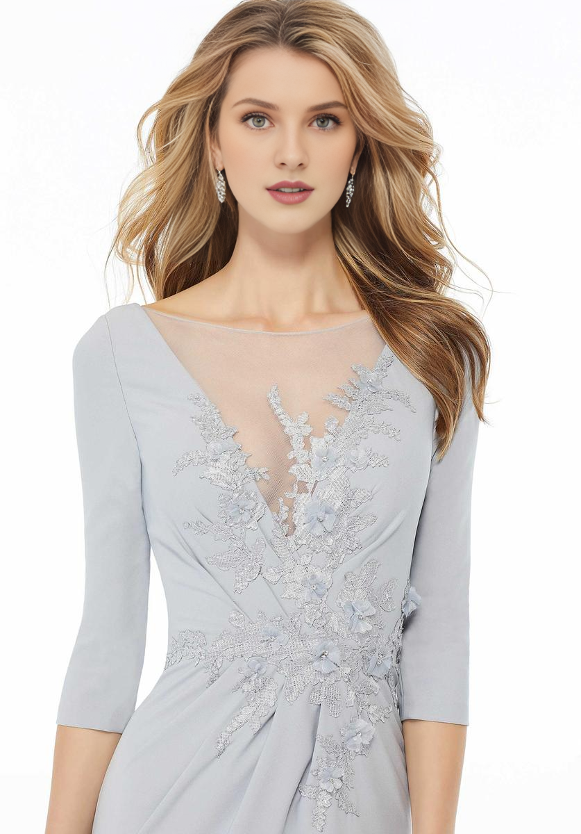 Dusty Blue Crepe Sheath Floor-Length Evening Dress with Illusion Neck & Floral Appliqués