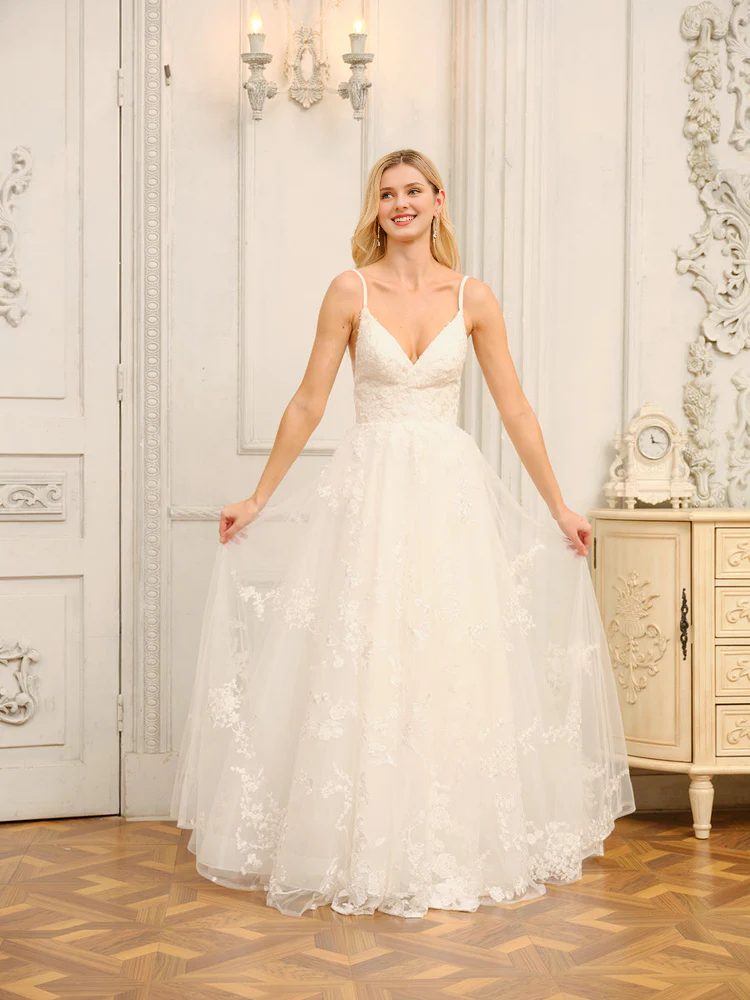 Abito da sposa lungo senza maniche con scollo a V, spalline sottili, stile principessa, a trapezio