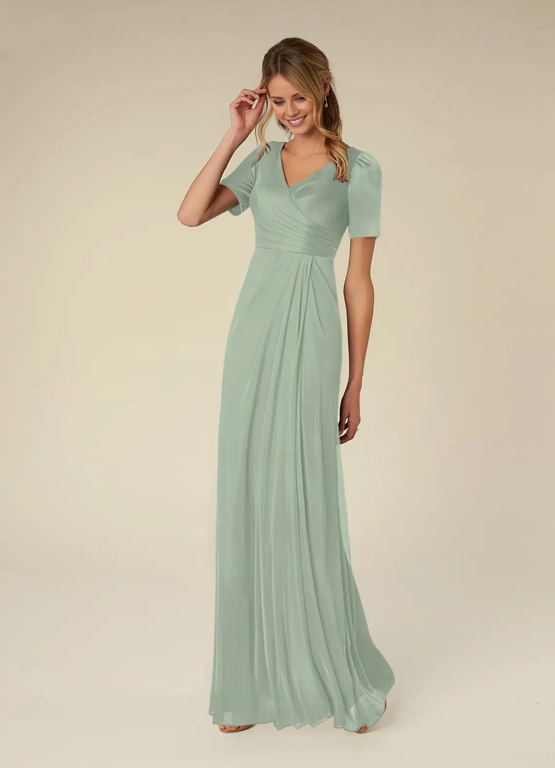 Sage Green Chiffon A-Line Floor-Length Bridesmaid Dress with V-Neck Wrap Bodice
