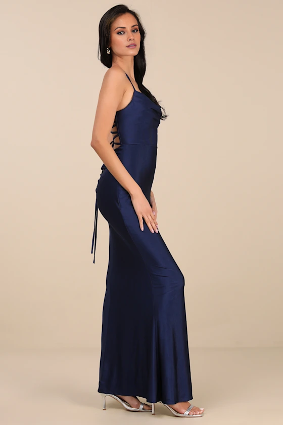 Vestido de noche Jimiss de corte sirena, escote cuadrado, hombros descubiertos, sin mangas, tirantes finos, espalda descubierta y largo hasta el suelo