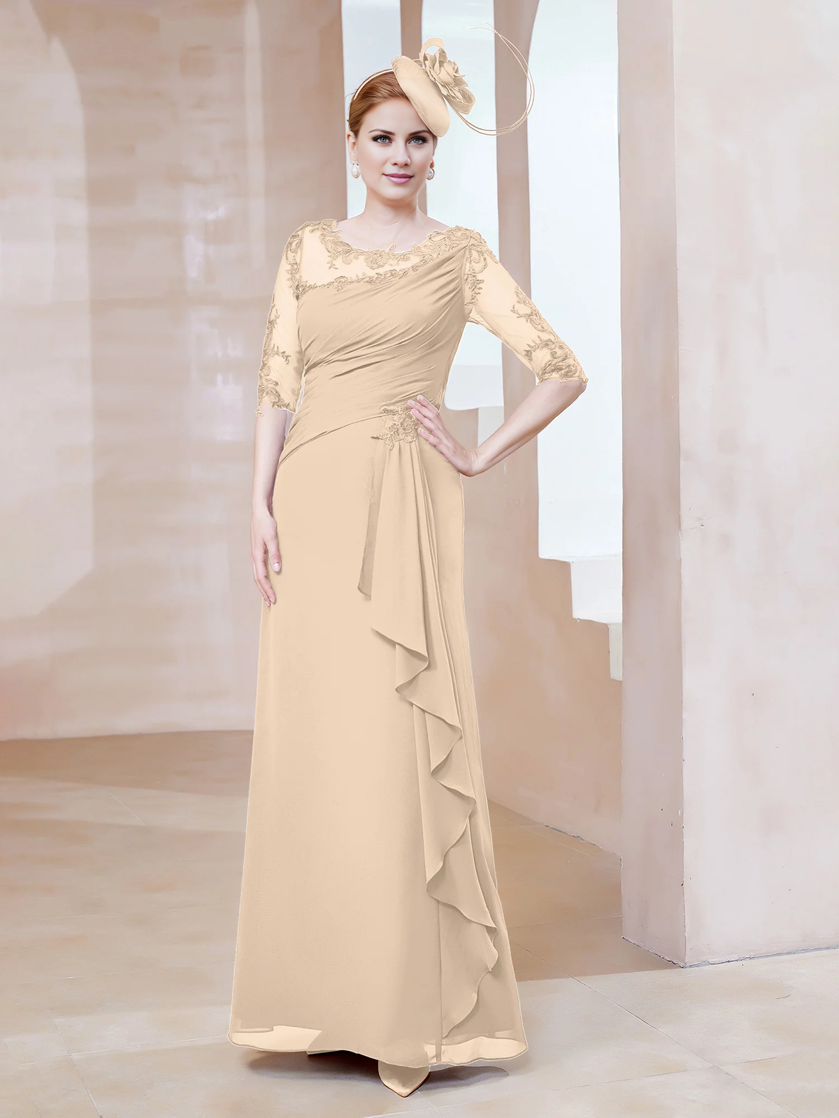 Burgundy Chiffon A-Line Floor-Length Evening Dress with Lace Bodice and Draped Waist