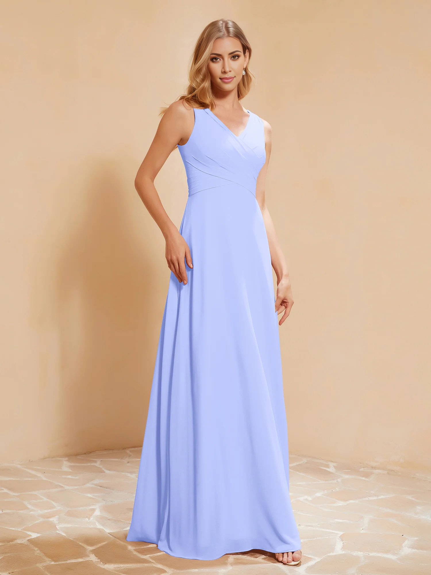 Vestido de gasa con escote en V y lazo plisado