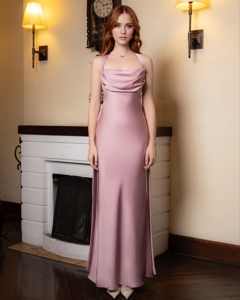 Blushing Pink Satin Sheath/column Cowl Neck Floor-Length Dress with Draped Bodice and Side Flowing Panels