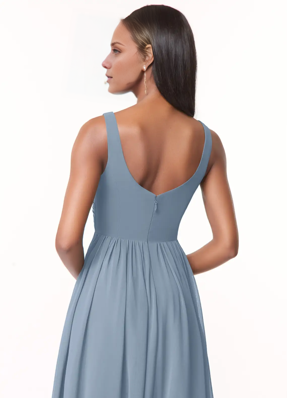 Vestido de dama de honor de gasa plisada con escote en V y corte A hasta el suelo - Vestido Jimiss 