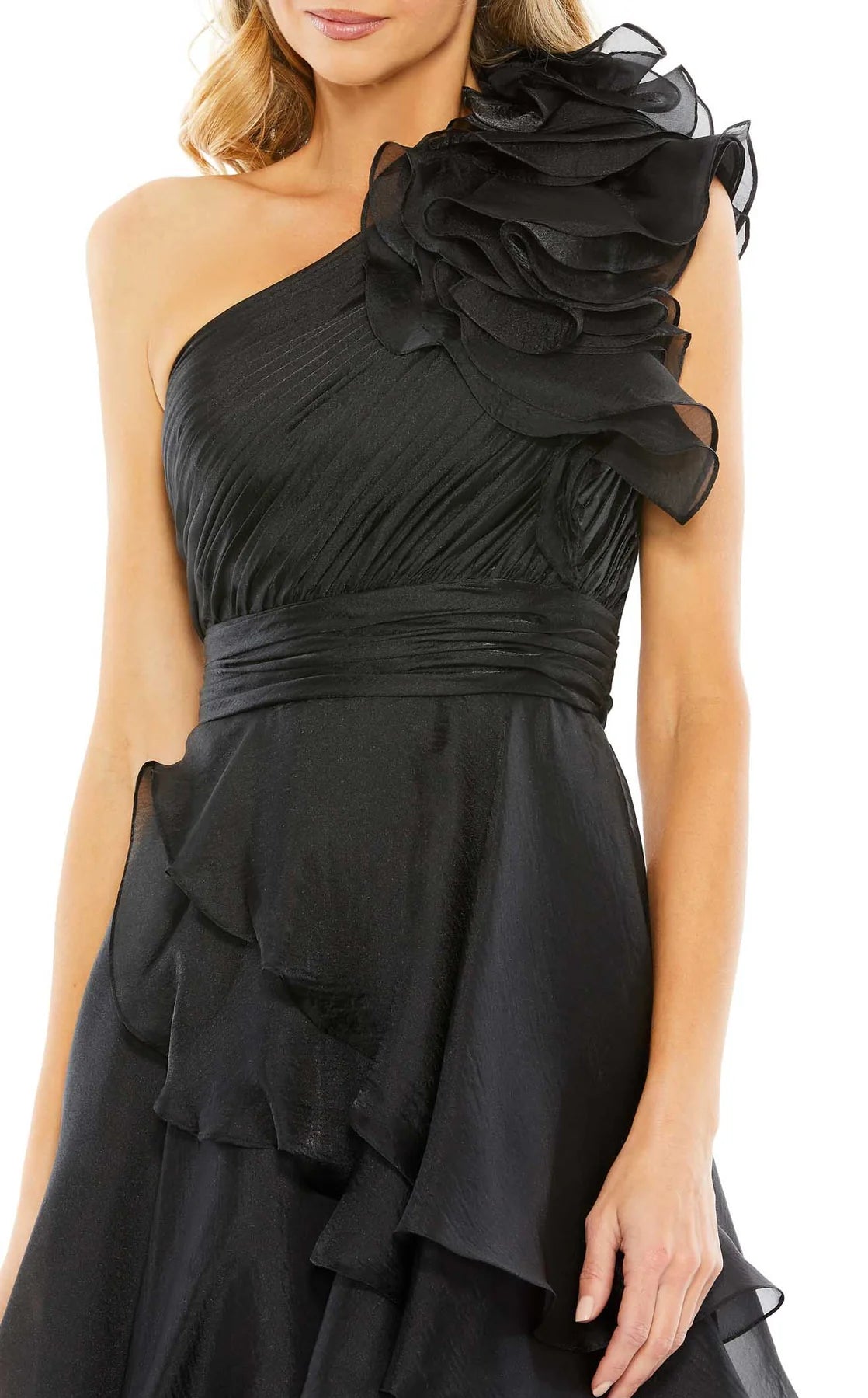 One shoulder collar tight corset with ruffled edges and floor length evening dress