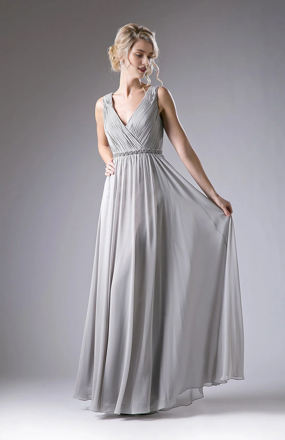 Grey Chiffon A-Line Floor-Length Dress with V-Neck