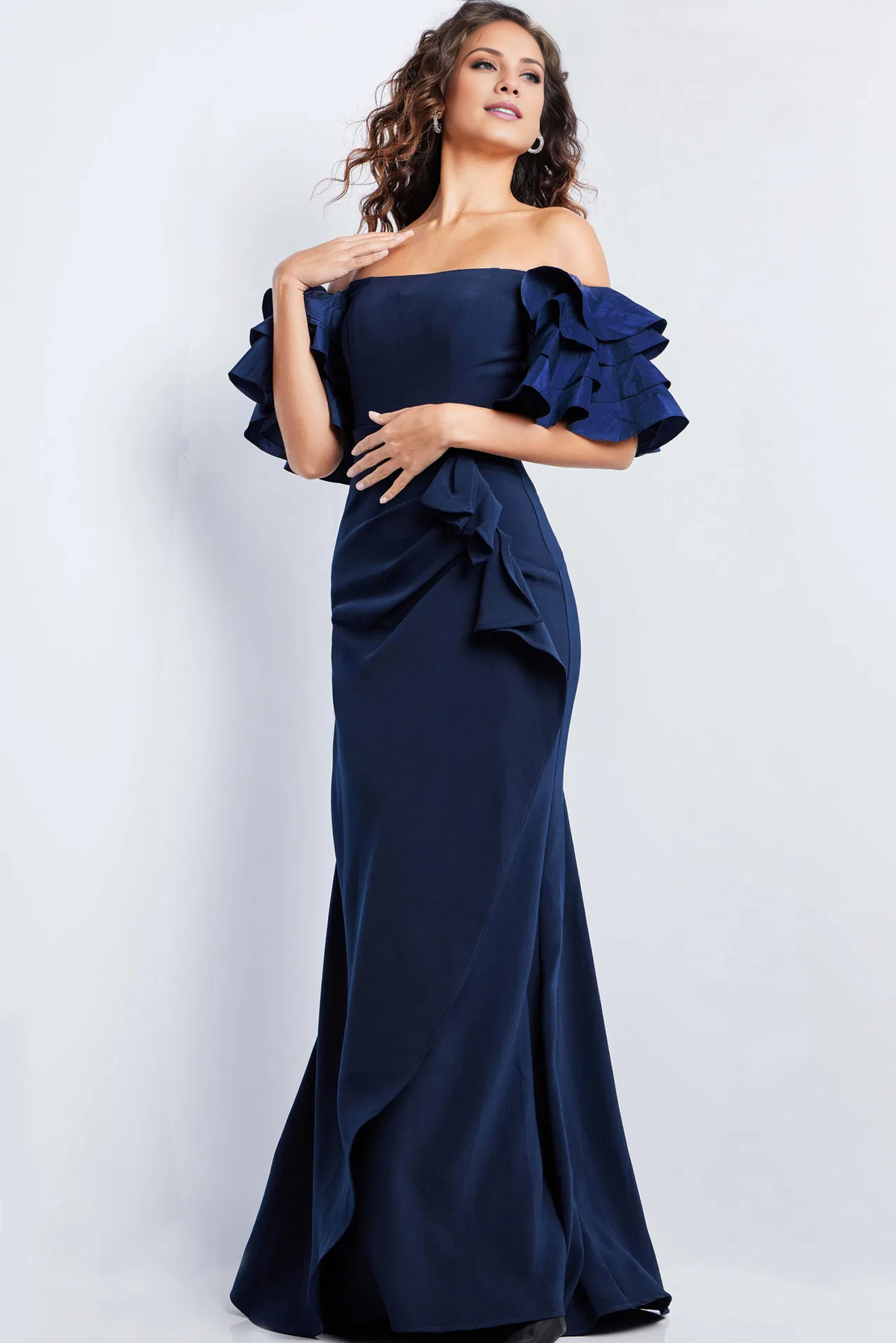 Dark Navy Crepe Sheath/column Off-the-Shoulder Floor-Length Dress with Tiered Ruffled Sleeves and Draped Hip Detail