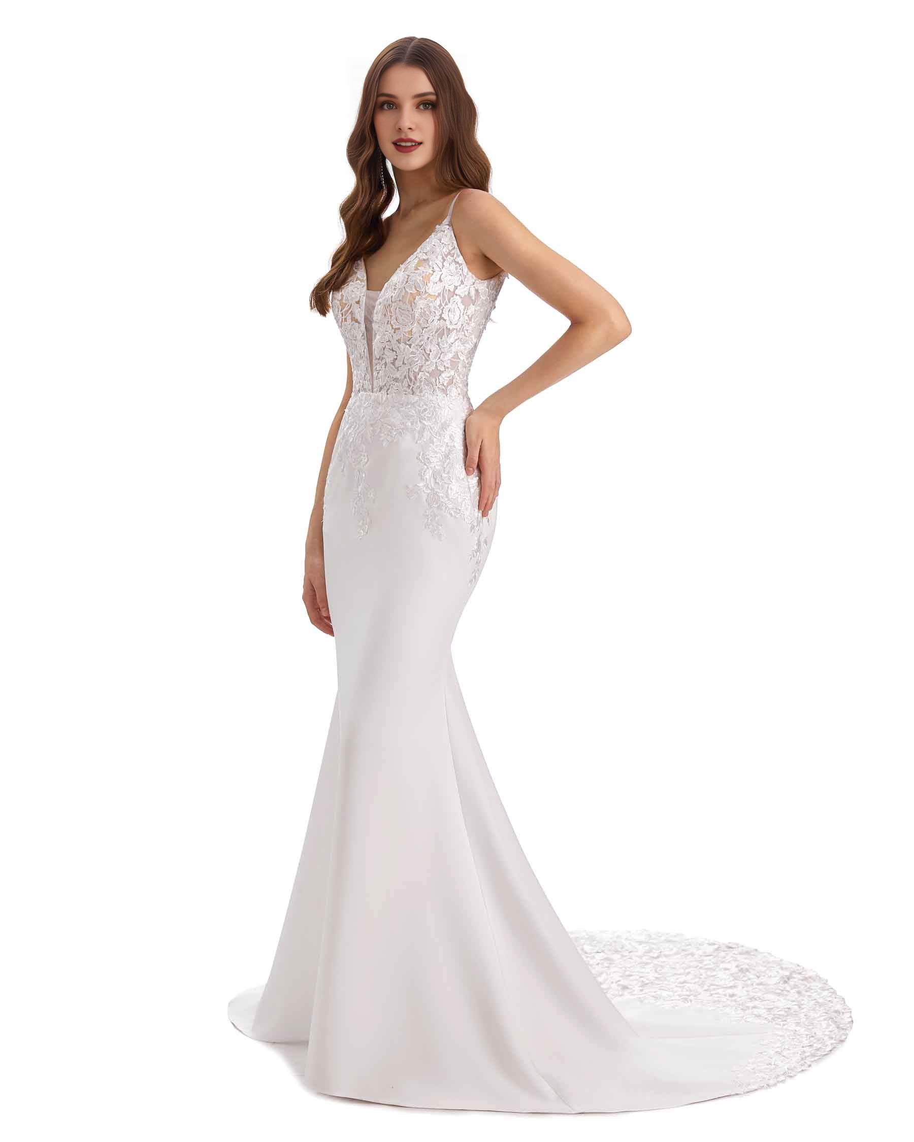 Vestido de novia sexy de sirena con tirantes finos y escote en V, de encaje ultra largo