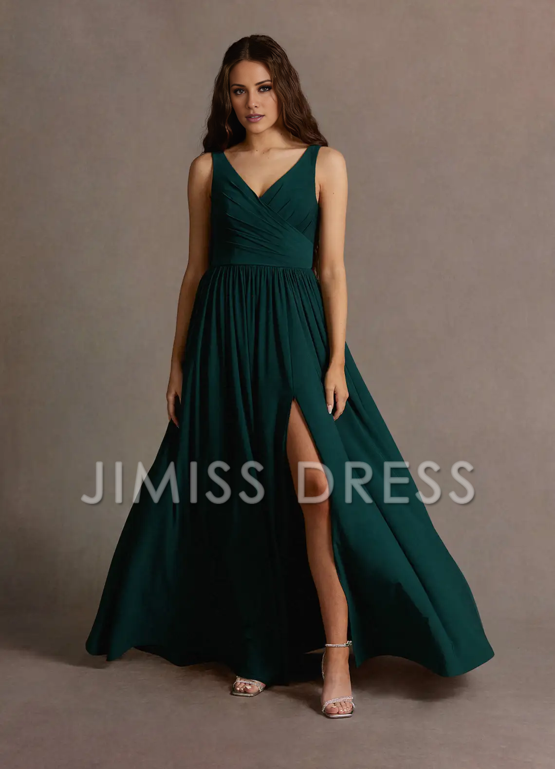 Vestido de fiesta Jimiss con escote en V, tirantes finos, abertura lateral y largo hasta el suelo 
