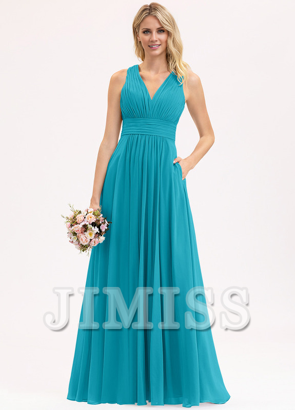 Vestido de dama de honor de gasa con escote en V, largo hasta el suelo y lazo con volantes