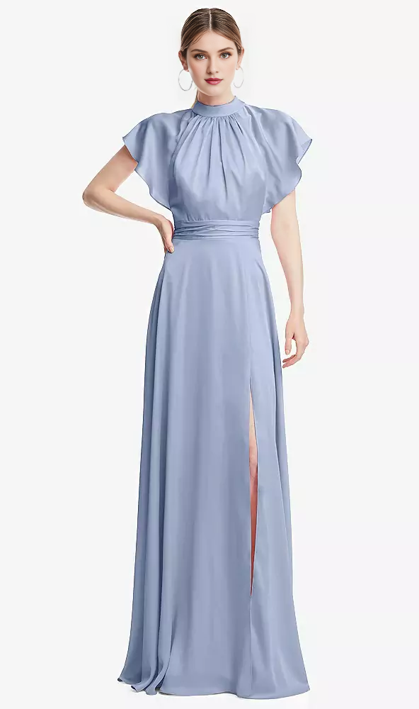 Wrinkled stand collar with ruffled sleeves backless long Prom dress