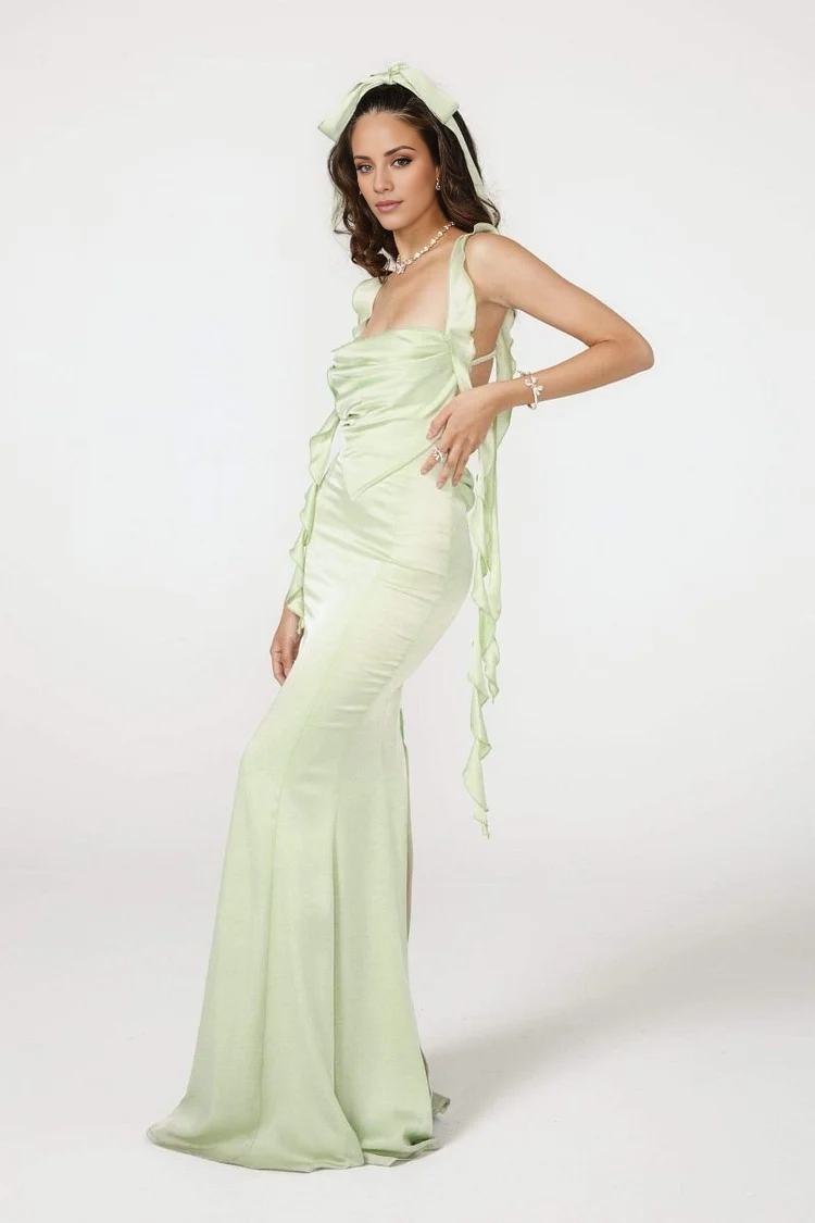 Vestido de fiesta Jimiss de corte sirena, escote cuadrado, hombros descubiertos, sin mangas, espalda descubierta y largo hasta el suelo